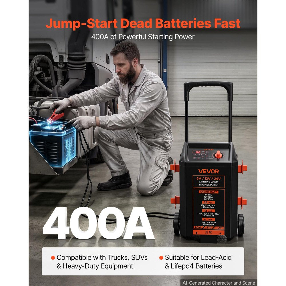VEVOR Wheeled Battery Charger 6V/12V/24V 80A/400A/250A Car Charger Starter, Heavy Duty Automotive Car Battery Maintainer Engine Start, Fully Automatic, with Wheels, for Lead-Acid and Lithium Batteries