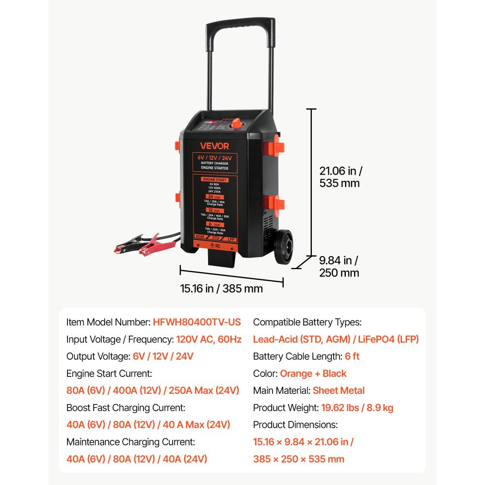 VEVOR Wheeled Battery Charger 6V/12V/24V 80A/400A/250A Car Charger Starter, Heavy Duty Automotive Car Battery Maintainer Engine Start, Fully Automatic, with Wheels, for Lead-Acid and Lithium Batteries