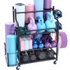 VEVOR Yoga Mat Storage Rack, Home Gym Workout Equipment Organizer, Powder Coated Finish Steel Yoga Mat Holder with Hooks & Wheels, Weight Rack for Dumbbell, Kettlebell, Foam Roller, and Yoga Strap