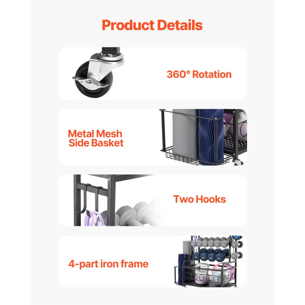 VEVOR Yoga Mat Storage Rack, Home Gym Workout Equipment Organizer, Powder Coated Finish Steel Yoga Mat Holder with Hooks & Wheels, Weight Rack for Dumbbell, Kettlebell, Foam Roller, and Yoga Strap