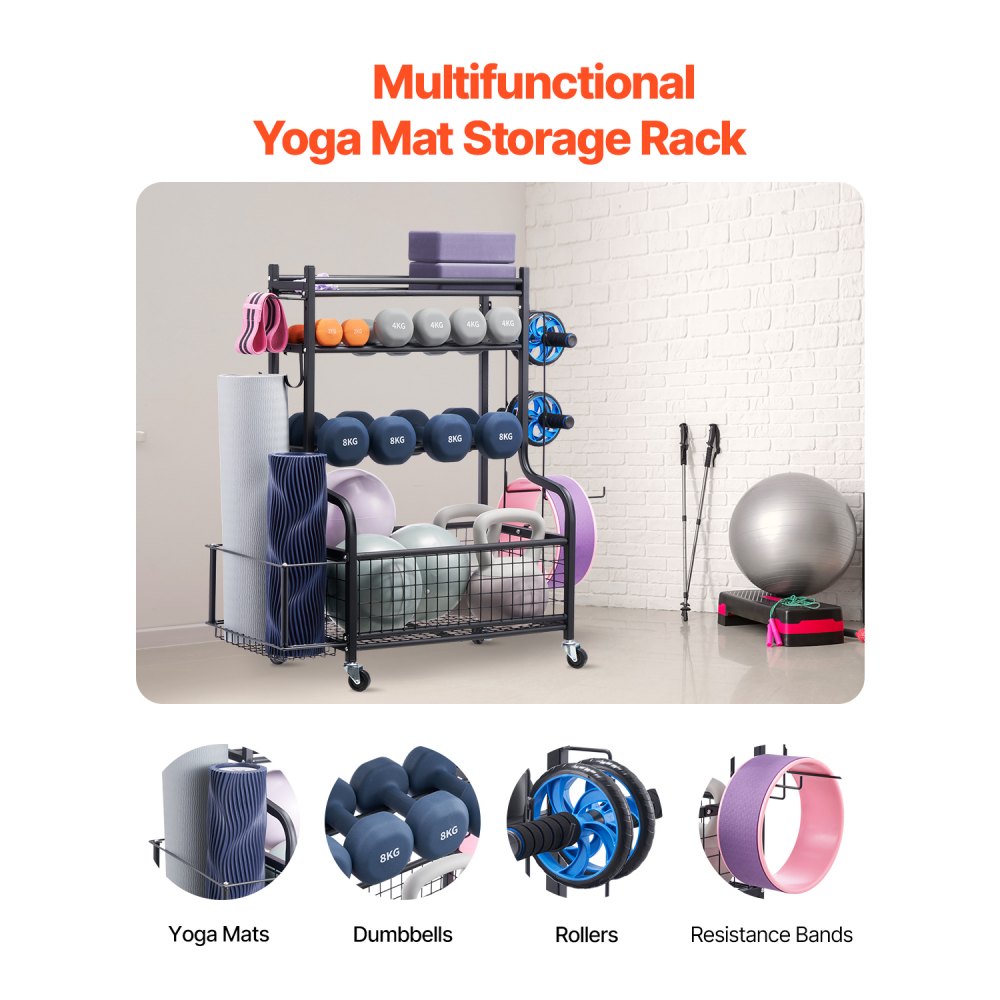 VEVOR Yoga Mat Storage Rack, Powder Coated Finish Steel Yoga Mat Holder, Home Gym Workout Equipment Organizer with Hooks & Wheels, Weight Rack for Foam Roller, Dumbbell, Kettlebell, and Yoga Strap