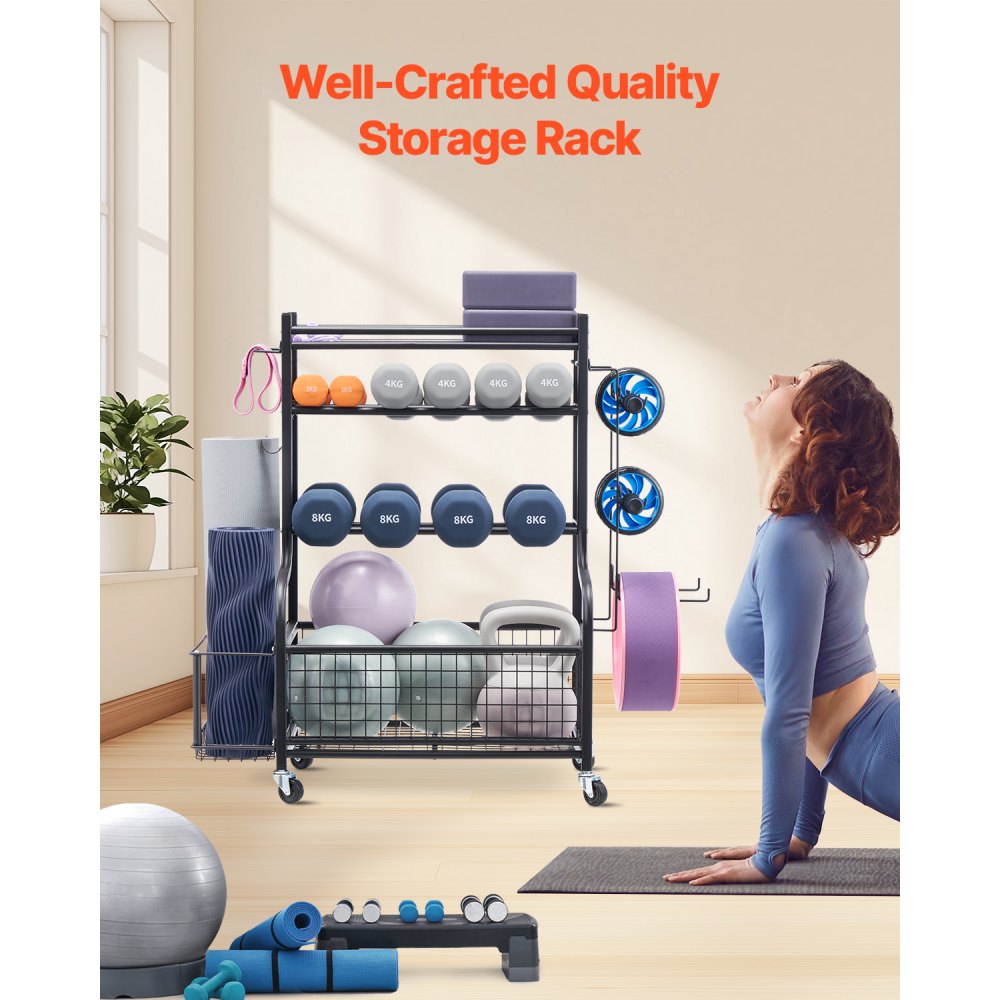 VEVOR Yoga Mat Storage Rack, Powder Coated Finish Steel Yoga Mat Holder, Home Gym Workout Equipment Organizer with Hooks & Wheels, Weight Rack for Foam Roller, Dumbbell, Kettlebell, and Yoga Strap