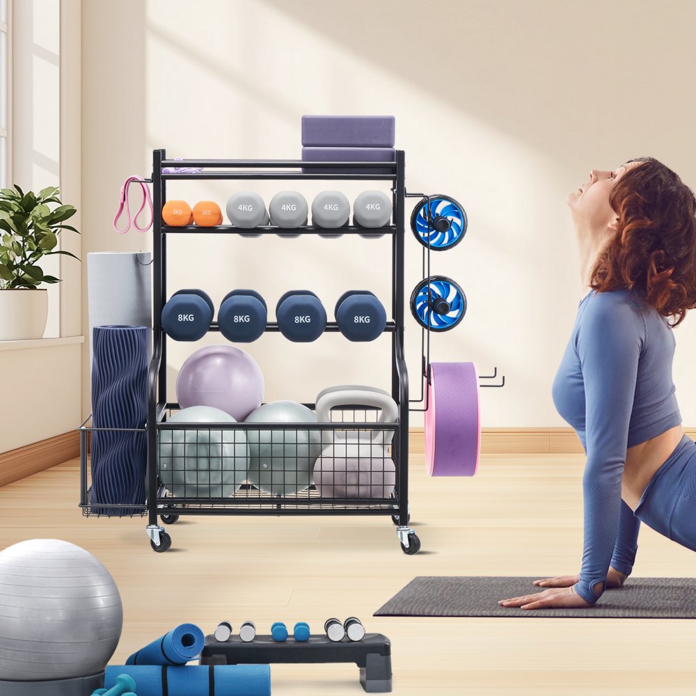 VEVOR Yoga Mat Storage Rack, Powder Coated Finish Steel Yoga Mat Holder, Home Gym Workout Equipment Organizer with Hooks & Wheels, Weight Rack for Foam Roller, Dumbbell, Kettlebell, and Yoga Strap