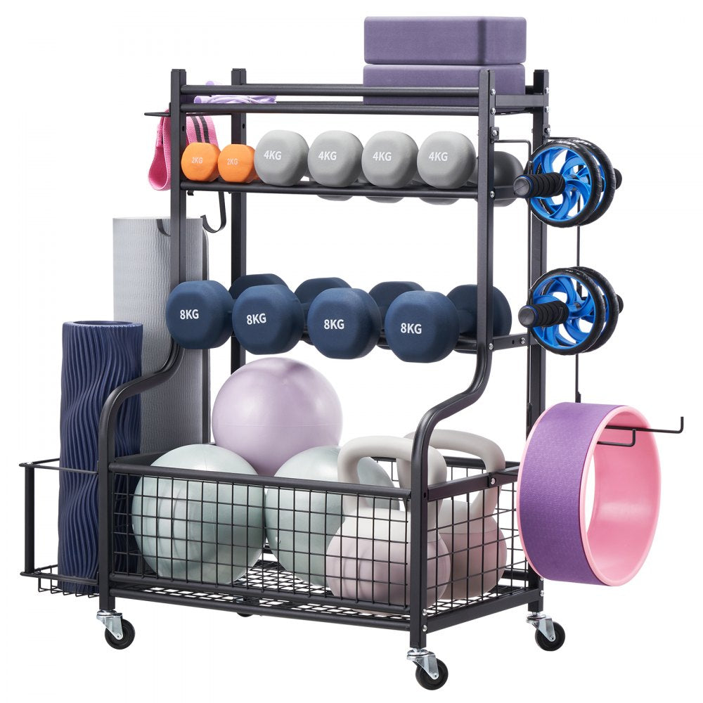 VEVOR Yoga Mat Storage Rack, Powder Coated Finish Steel Yoga Mat Holder, Home Gym Workout Equipment Organizer with Hooks & Wheels, Weight Rack for Foam Roller, Dumbbell, Kettlebell, and Yoga Strap