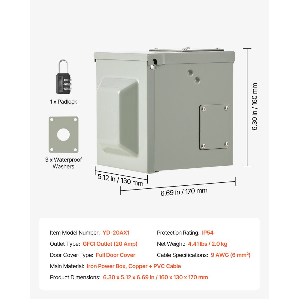 VEVOR Outdoor Electrical Outlet Box, 20 AMP GFCI Receptacle, Electrical Outlet Panel Box with GFCI Protection, IP54 Weatherproof Exterior, Power Plug Outlet Box, for Halloween Decorations Patio Lights