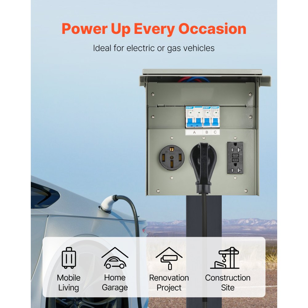 VEVOR Temporary Power Outlet Panel, 20 30 50 Amp, RV EV Electrical Outlet Panel, with NEMA 50 Amp NEMA 30 Amp GFCI 20 Amp Receptacle Installed, Pre-Wired IP54 Weatherproof Box, for RV Camper Motorhome