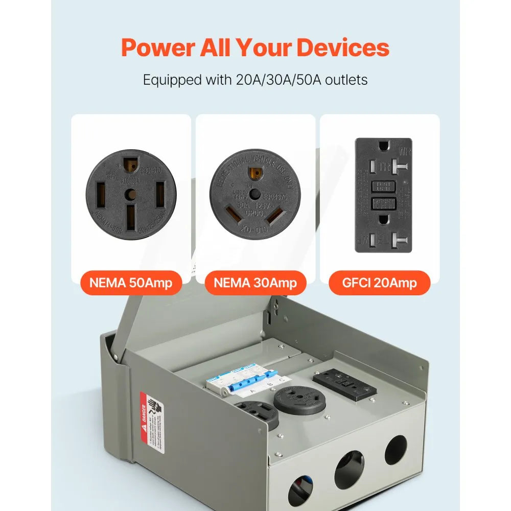 VEVOR Temporary Power Outlet Panel, 20 30 50 Amp, RV EV Electrical Outlet Panel, with NEMA 50 Amp NEMA 30 Amp GFCI 20 Amp Receptacle Installed, Pre-Wired IP54 Weatherproof Box, for RV Camper Motorhome