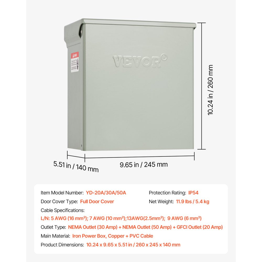 VEVOR Temporary Power Outlet Panel, 20 30 50 Amp, RV EV Electrical Outlet Panel, with NEMA 50 Amp NEMA 30 Amp GFCI 20 Amp Receptacle Installed, Pre-Wired IP54 Weatherproof Box, for RV Camper Motorhome