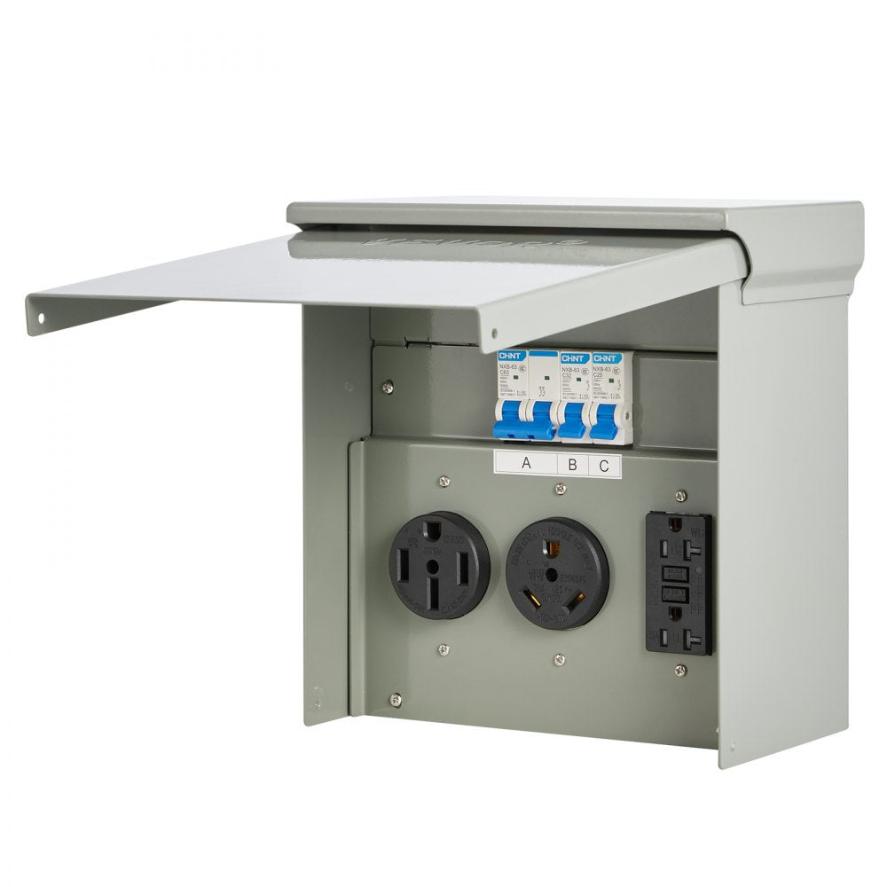 VEVOR Temporary Power Outlet Panel, 20 30 50 Amp, RV EV Electrical Outlet Panel, with NEMA 50 Amp NEMA 30 Amp GFCI 20 Amp Receptacle Installed, Pre-Wired IP54 Weatherproof Box, for RV Camper Motorhome