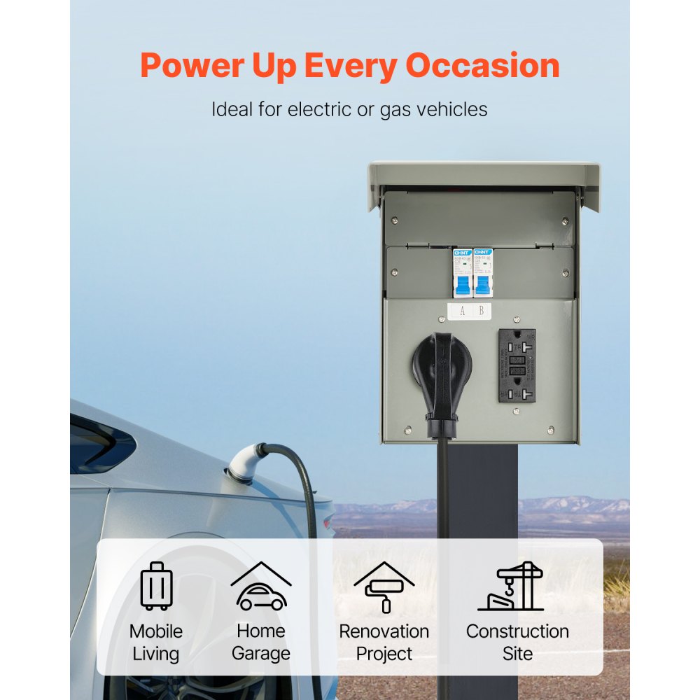 VEVOR Temporary Power Outlet Panel, 20 30 Amp, RV EV Electrical Outlet Panel with NEMA 30 Amp GFCI 20 Amp Receptacle Installed, Pre-Wired IP54 Weatherproof Box, for RV Camper Car Travel Motorhome