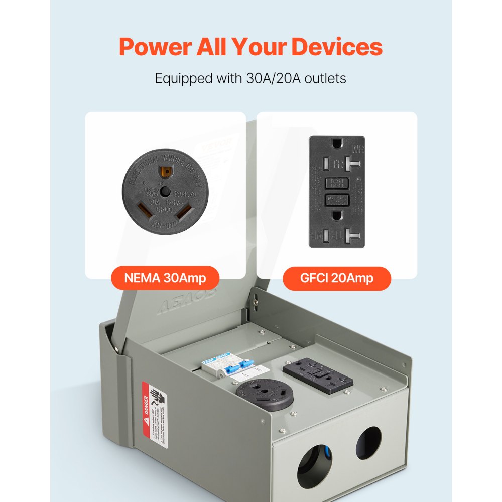 VEVOR Temporary Power Outlet Panel, 20 30 Amp, RV EV Electrical Outlet Panel with NEMA 30 Amp GFCI 20 Amp Receptacle Installed, Pre-Wired IP54 Weatherproof Box, for RV Camper Car Travel Motorhome