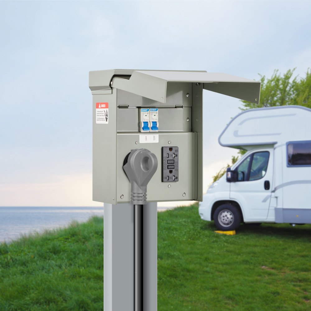 VEVOR Temporary Power Outlet Panel, 20 30 Amp, RV EV Electrical Outlet Panel with NEMA 30 Amp GFCI 20 Amp Receptacle Installed, Pre-Wired IP54 Weatherproof Box, for RV Camper Car Travel Motorhome