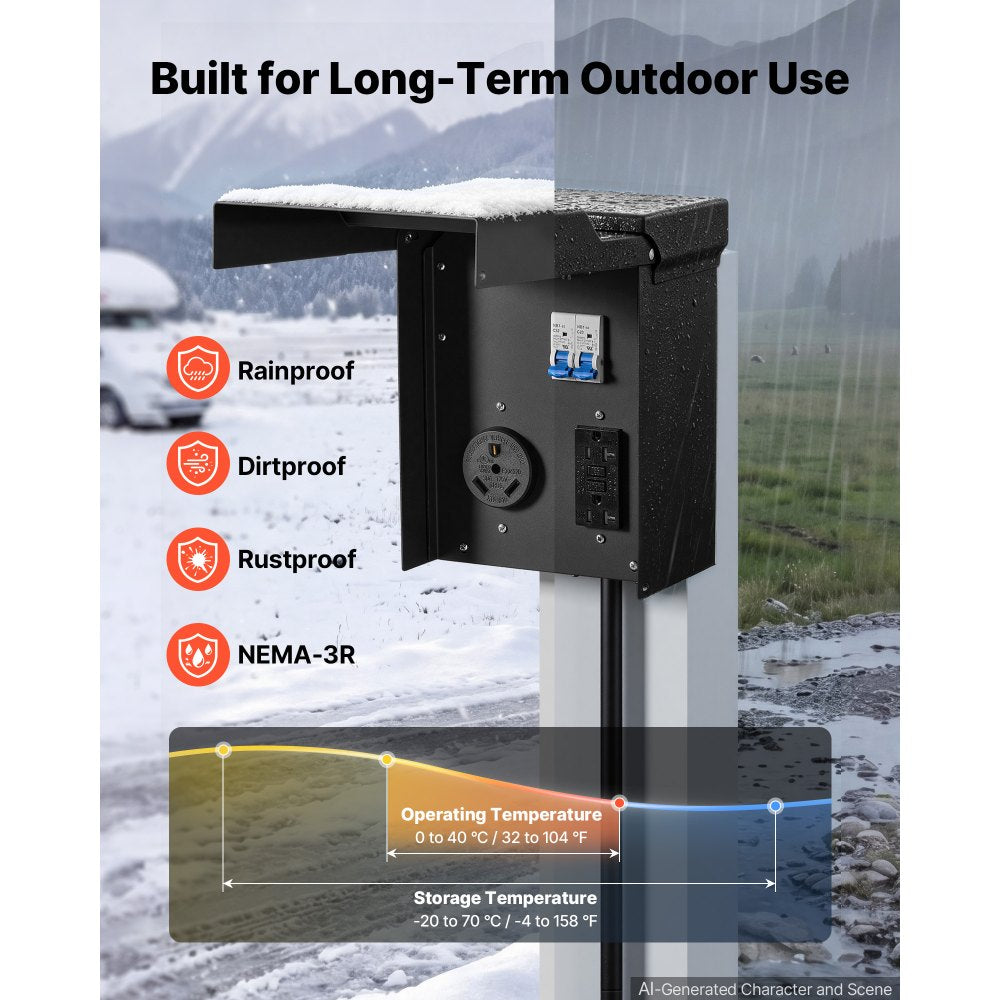 VEVOR 30 20 Amp RV Temporary Power Outlet Box Electrical Panel with Breaker, Weatherproof Electrical Outlet Box, with Prewired 30 Amp & 20 Amp GFCI Receptacle, for RV Camper, Travel Trailer, Motorhome