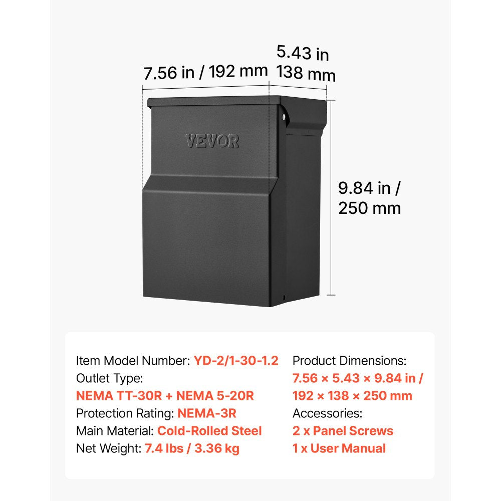 VEVOR 30 20 Amp RV Temporary Power Outlet Box Electrical Panel with Breaker, Weatherproof Electrical Outlet Box, with Prewired 30 Amp & 20 Amp GFCI Receptacle, for RV Camper, Travel Trailer, Motorhome