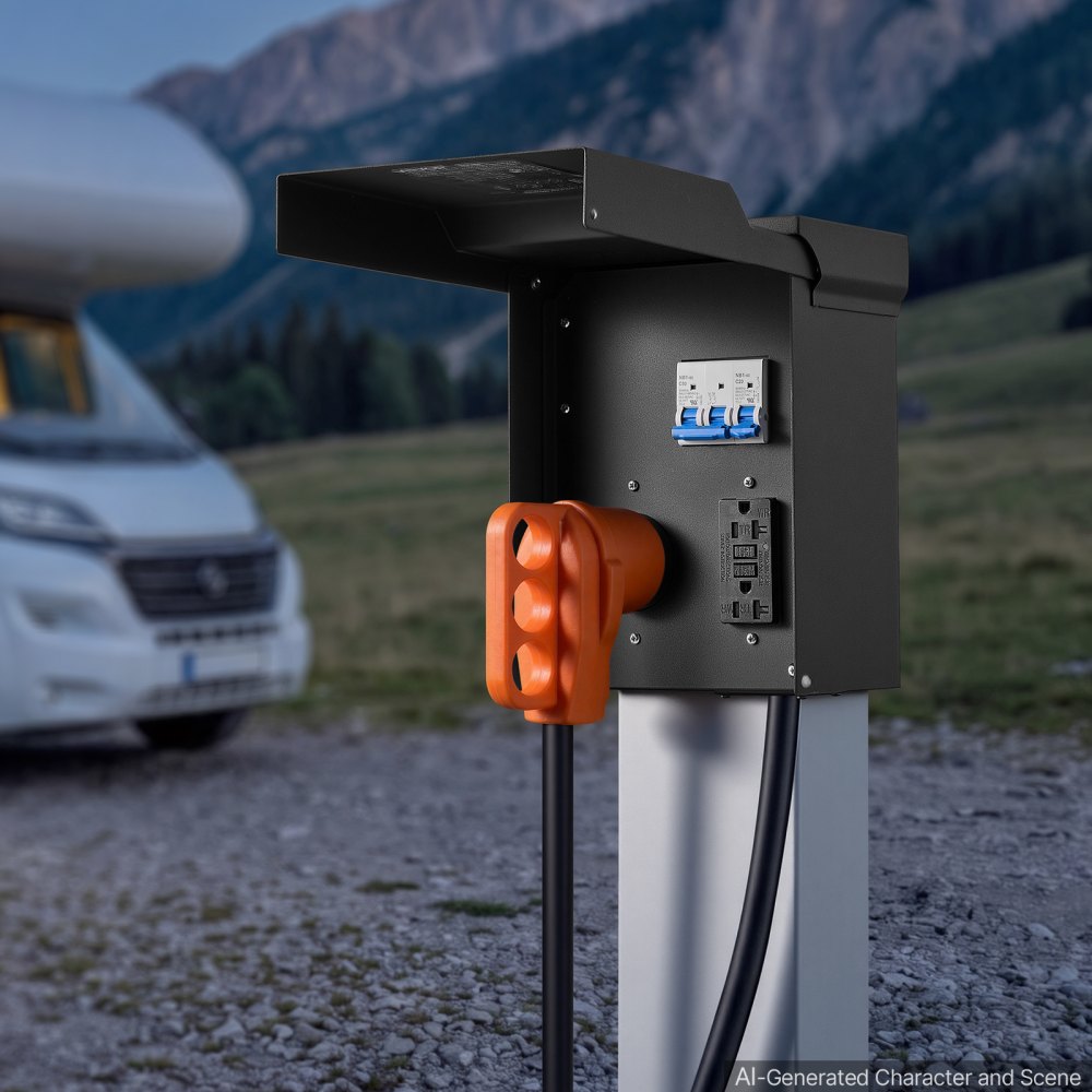 VEVOR 50 20 Amp RV Temporary Power Outlet Box Electrical Panel with Breaker, Weatherproof Electrical Outlet Box, with Prewired 50 Amp & 20 Amp GFCI Receptacle, for RV Camper, Travel Trailer, Motorhome
