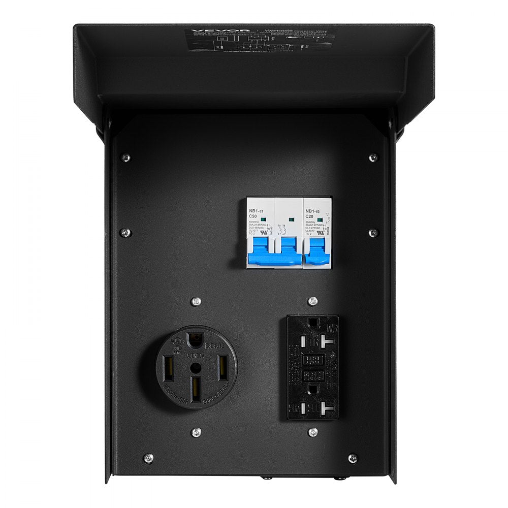 VEVOR 50 20 Amp RV Temporary Power Outlet Box Electrical Panel with Breaker, Weatherproof Electrical Outlet Box, with Prewired 50 Amp & 20 Amp GFCI Receptacle, for RV Camper, Travel Trailer, Motorhome