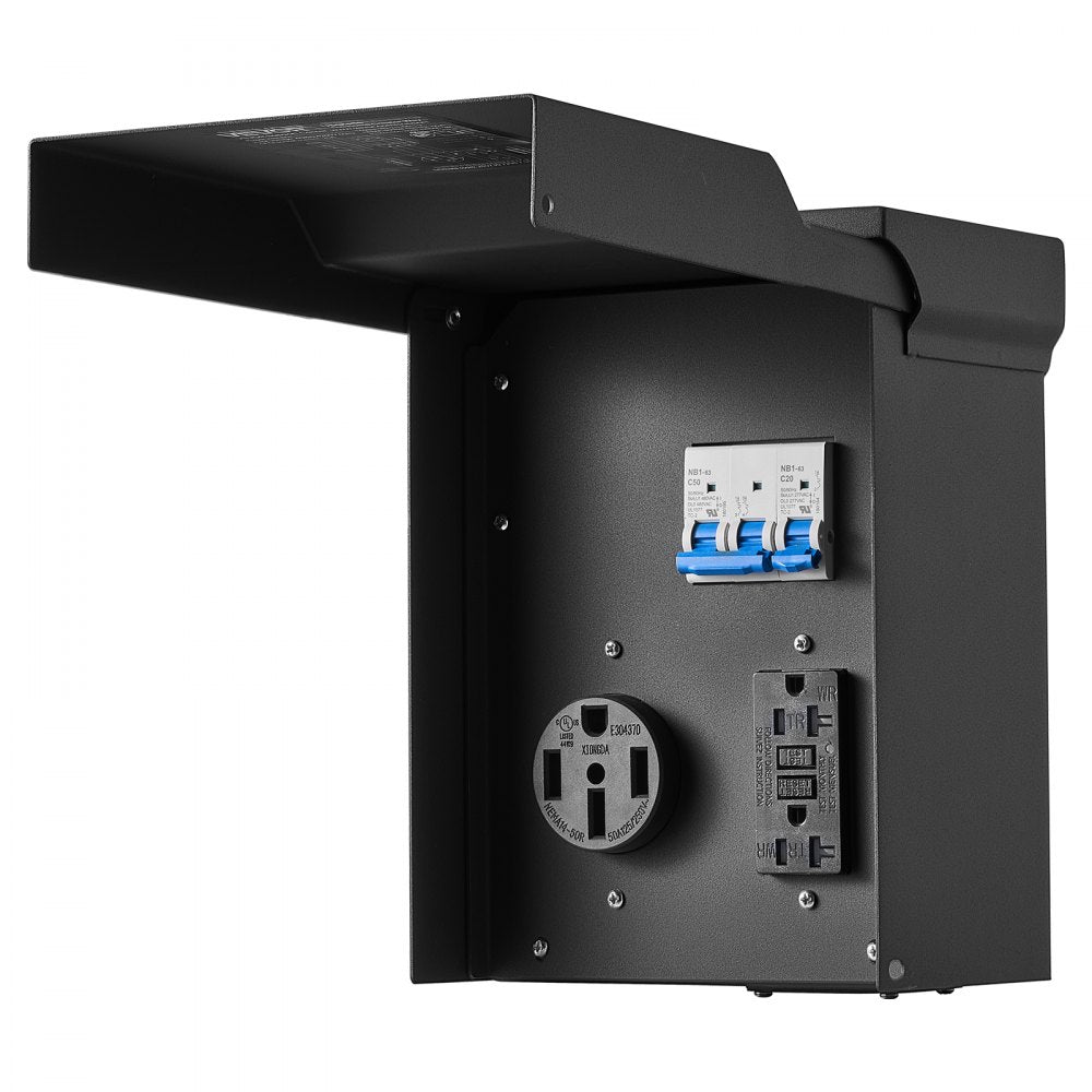 VEVOR 50 20 Amp RV Temporary Power Outlet Box Electrical Panel with Breaker, Weatherproof Electrical Outlet Box, with Prewired 50 Amp & 20 Amp GFCI Receptacle, for RV Camper, Travel Trailer, Motorhome