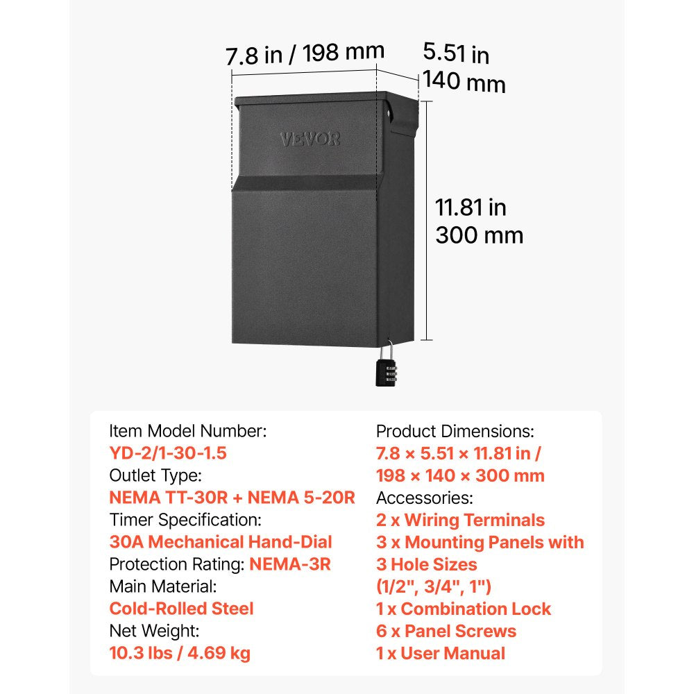 VEVOR Temporary Power Outlet Panel with Timer 30A/20A RV Electrical Box, for RV Hookup Camper Travel Trailer EV Electric Car, NEMA 30 Amp GFCI 20 Amp Receptacle Installed, NEMA 3R Weatherproof Box