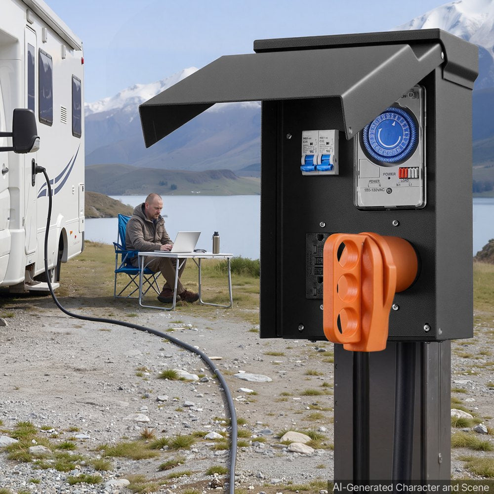 VEVOR Temporary Power Outlet Panel with Timer 30A/20A RV Electrical Box, for RV Hookup Camper Travel Trailer EV Electric Car, NEMA 30 Amp GFCI 20 Amp Receptacle Installed, NEMA 3R Weatherproof Box