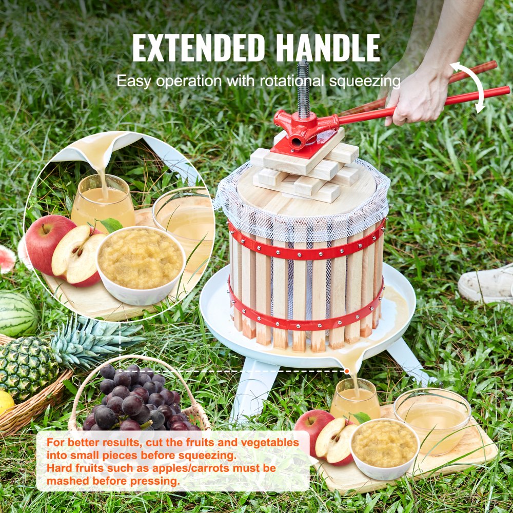 VEVOR Fruit Wine Press, 2.98 Gal/11.3L, Solid Wood Basket with 6 Blocks, Manual Juice Maker, Cider Apple Grape Tincture Vegetables Honey Olive Oil Making Press with Pole Handle Bar for Kitchen, Home