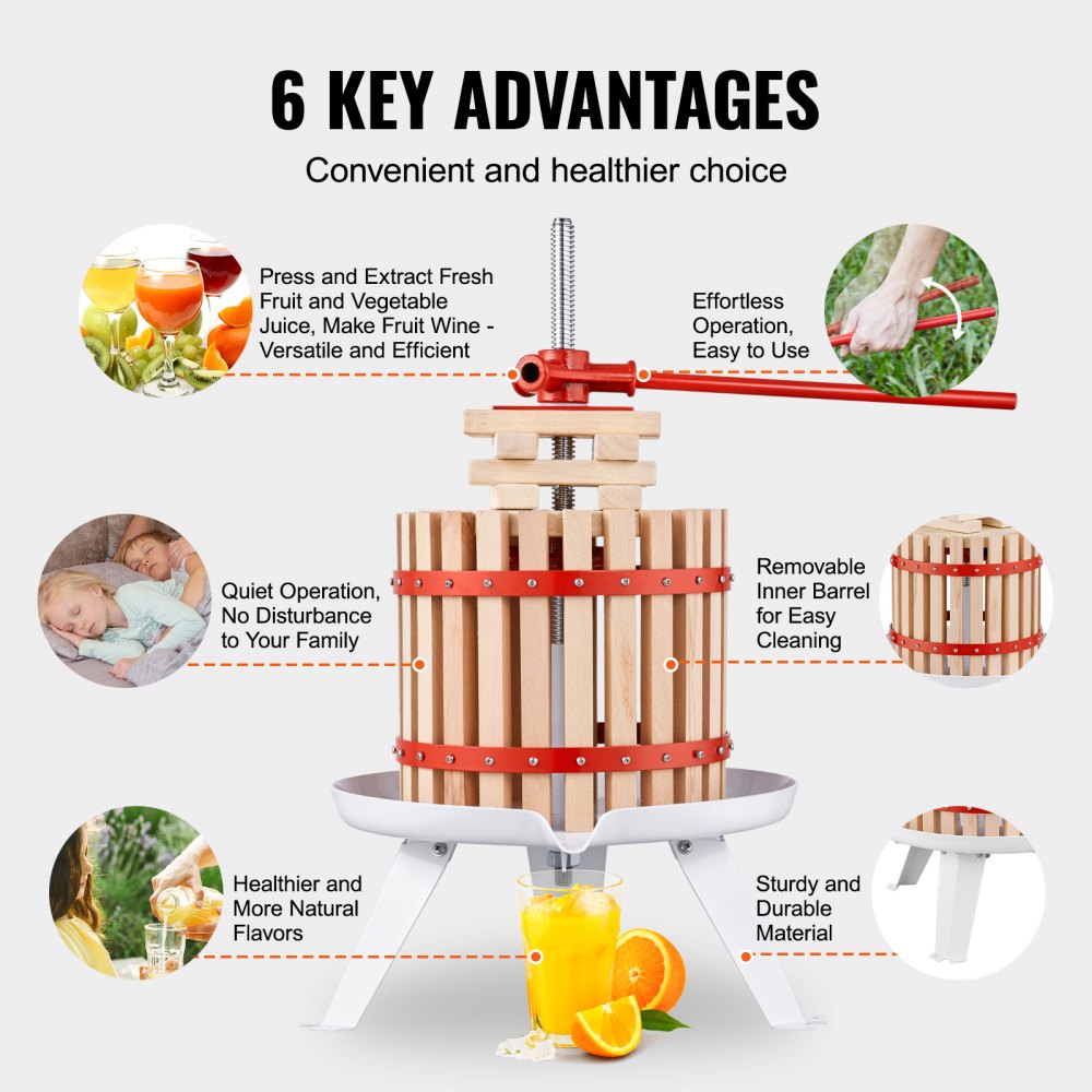 VEVOR Fruit Wine Press, 2.98 Gal/11.3L, Solid Wood Basket with 6 Blocks, Manual Juice Maker, Cider Apple Grape Tincture Vegetables Honey Olive Oil Making Press with Pole Handle Bar for Kitchen, Home