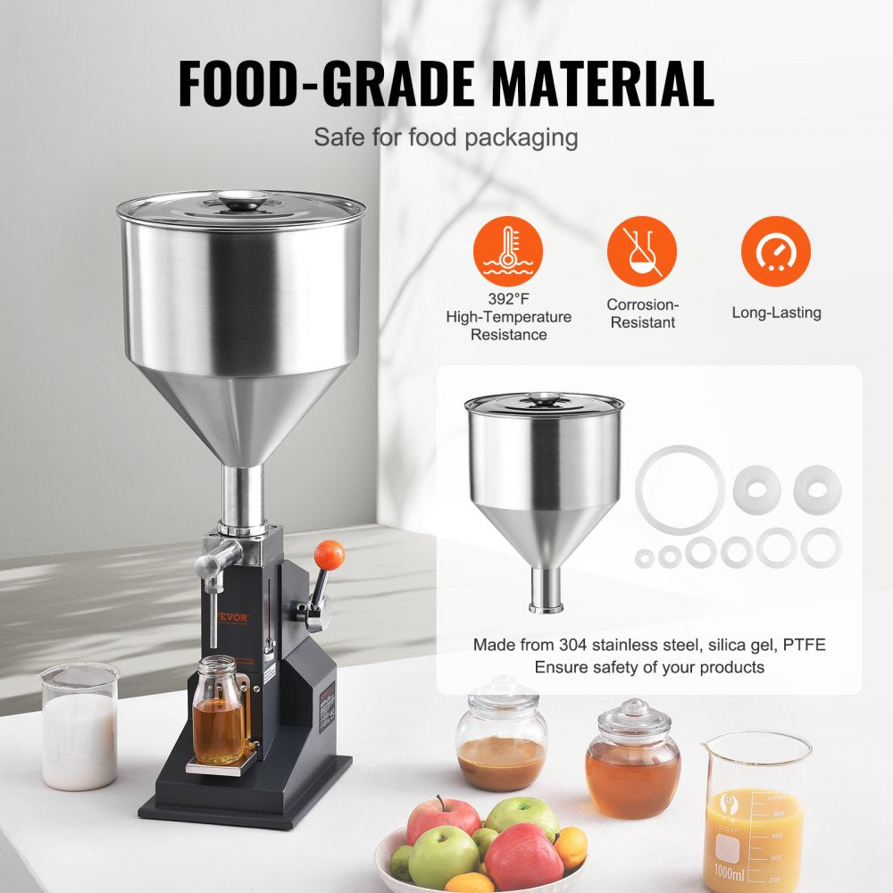 VEVOR Manual Paste Liquid Filling Machine, 5-100ml Bottle Filler, Adjustable Bottle Filling Machine, Stainless Steel Liquid Filler with Hopper for Milk Water Juice Essential Oil Shampoo Cosmetic Honey