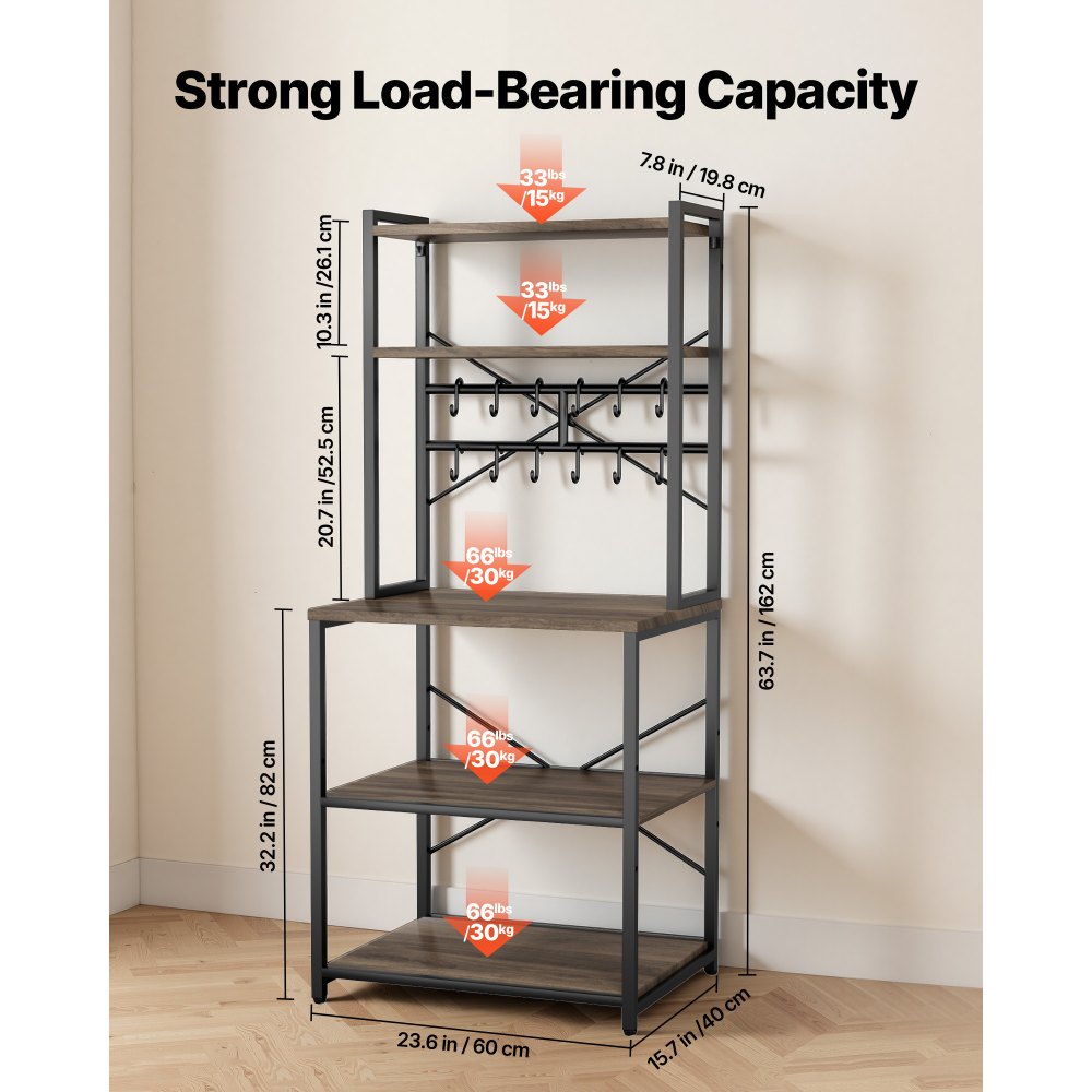VEVOR Kitchen Bakers Rack, 23.6 inch Width Bakers Rack, Kitchen Stand with X-Shaped Support Bar, 12 S-Shaped Hooks, Double-Layer Top Shelf, Coffee Bar Stand for Dishes & Bowls, Spice Bottles