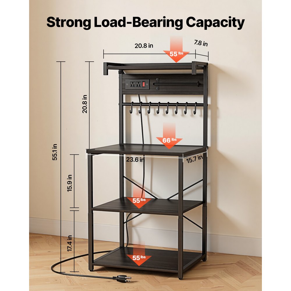 VEVOR Kitchen Bakers Rack, 4.6ft Power Cable Bakers Rack with Power Outlet, Kitchen Stand with X-Shaped Support Bar, 8 S-Shaped Hooks, Coffee Bar Stand for Dishes, Spice Bottles, Built-In Power Strip