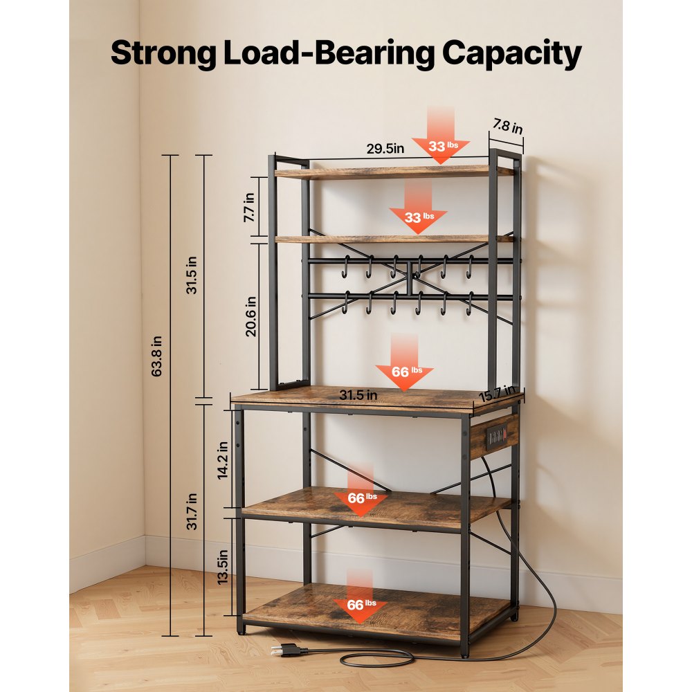 VEVOR Kitchen Bakers Rack, 5 ft Power Cable Bakers Rack with Power Outlet, Kitchen Stand with X-Shaped Support Bar, 12 S-Shaped Hooks, Coffee Bar Stand for Dishes, Spice Bottles, Built-In Power Strip