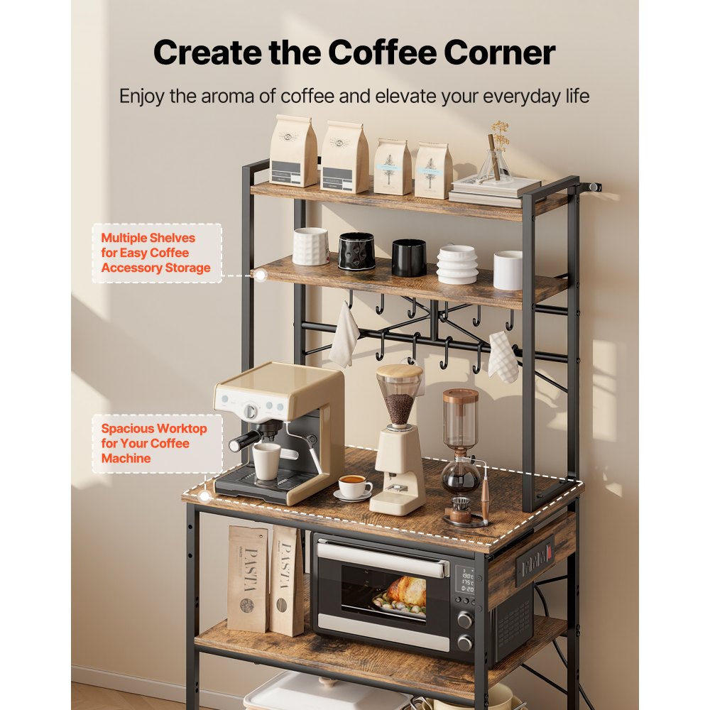 VEVOR Kitchen Bakers Rack, 5 ft Power Cable Bakers Rack with Power Outlet, Kitchen Stand with X-Shaped Support Bar, 12 S-Shaped Hooks, Coffee Bar Stand for Dishes, Spice Bottles, Built-In Power Strip