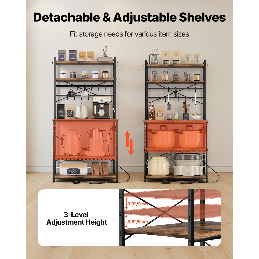 VEVOR Kitchen Bakers Rack, 5 ft Power Cable Bakers Rack with Power Outlet, Kitchen Stand with X-Shaped Support Bar, 12 S-Shaped Hooks, Coffee Bar Stand for Dishes, Spice Bottles, Built-In Power Strip