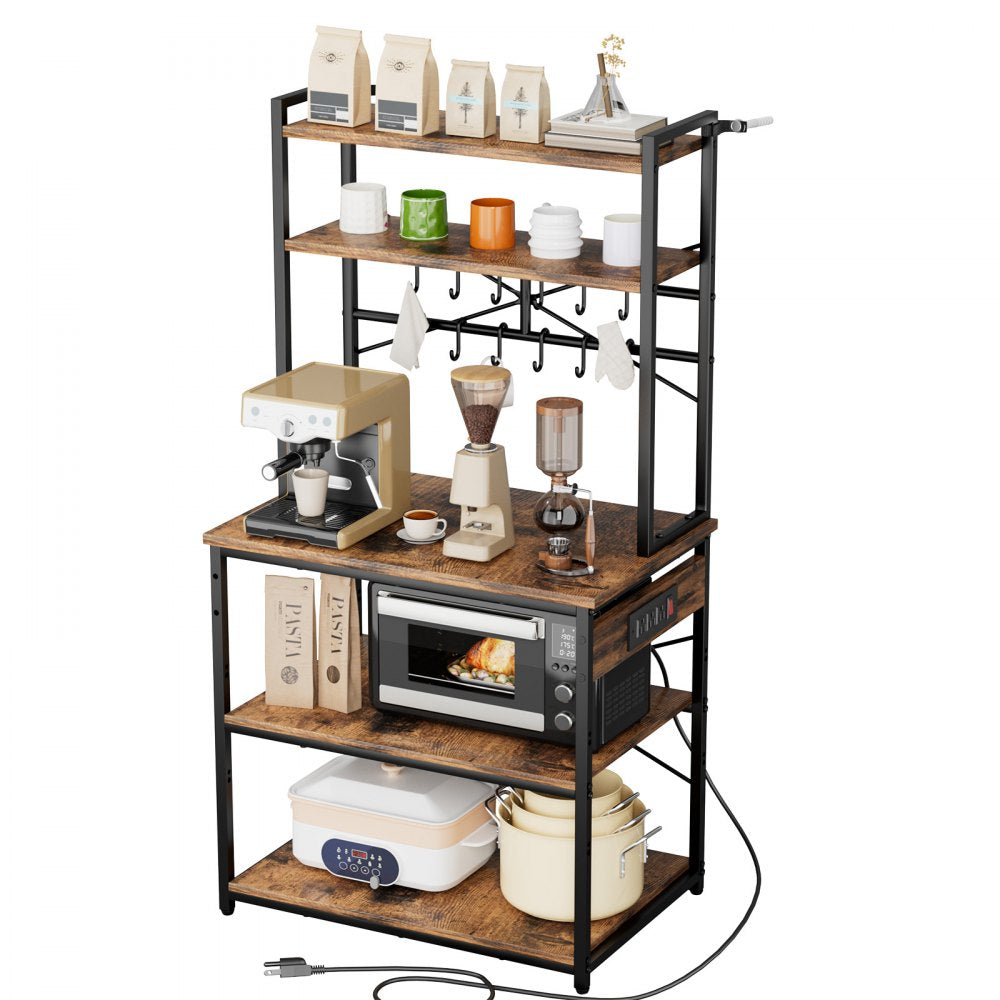 VEVOR Kitchen Bakers Rack, 5 ft Power Cable Bakers Rack with Power Outlet, Kitchen Stand with X-Shaped Support Bar, 12 S-Shaped Hooks, Coffee Bar Stand for Dishes, Spice Bottles, Built-In Power Strip