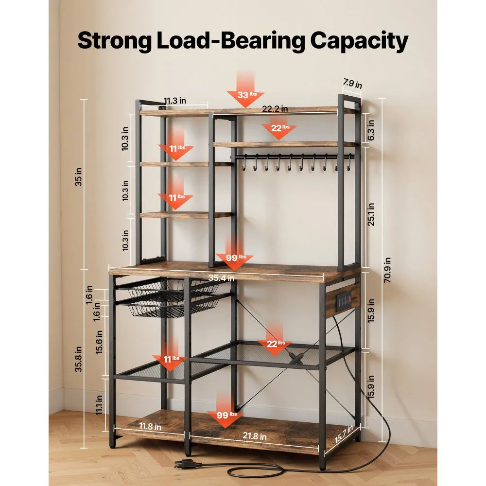 VEVOR Kitchen Bakers Rack, 5 ft Power Cable Bakers Rack with Power Outlet, Kitchen Stand with X-Shaped Support Bar, 10 S-Shaped Hooks, Coffee Bar Stand for Dishes, Spice Bottles, Built-In Power Strip
