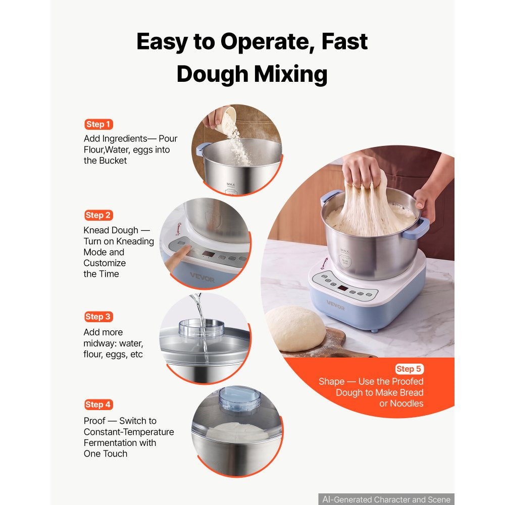 VEVOR Dough Mixer 6.9 Quart Electric Dough Maker with Ferment Function, for Pizza, Pasta, and Sourdough, 304 Stainless Steel Bowl, Timer, Face-up Control Panel, Household Dough Kneading Machine