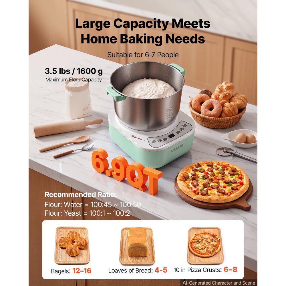 VEVOR Dough Mixer 6.9 Quart Electric Dough Maker with Ferment Function, for Pizza, Pasta, and Sourdough, 304 Stainless Steel Bowl, Timer, Face-up Control Panel, Household Dough Kneading Machine
