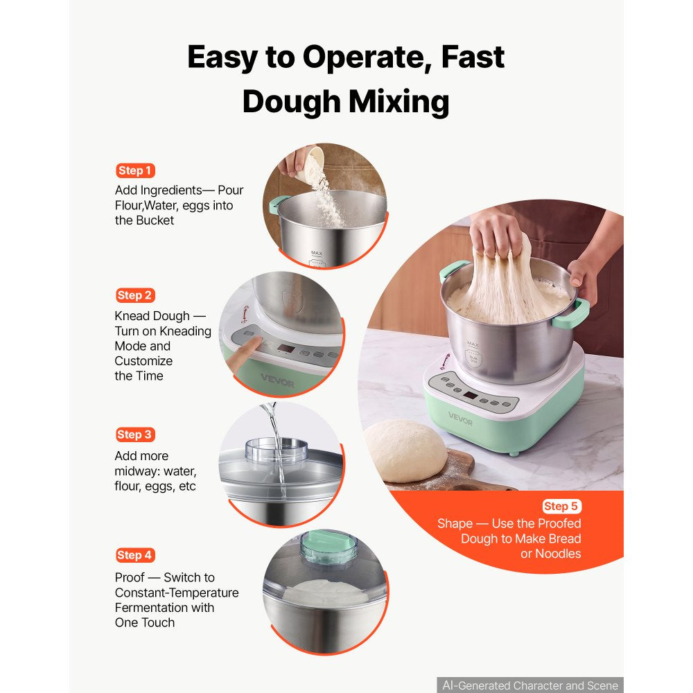 VEVOR Dough Mixer 6.9 Quart Electric Dough Maker with Ferment Function, for Pizza, Pasta, and Sourdough, 304 Stainless Steel Bowl, Timer, Face-up Control Panel, Household Dough Kneading Machine