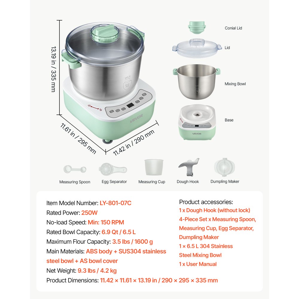 VEVOR Dough Mixer 6.9 Quart Electric Dough Maker with Ferment Function, for Pizza, Pasta, and Sourdough, 304 Stainless Steel Bowl, Timer, Face-up Control Panel, Household Dough Kneading Machine