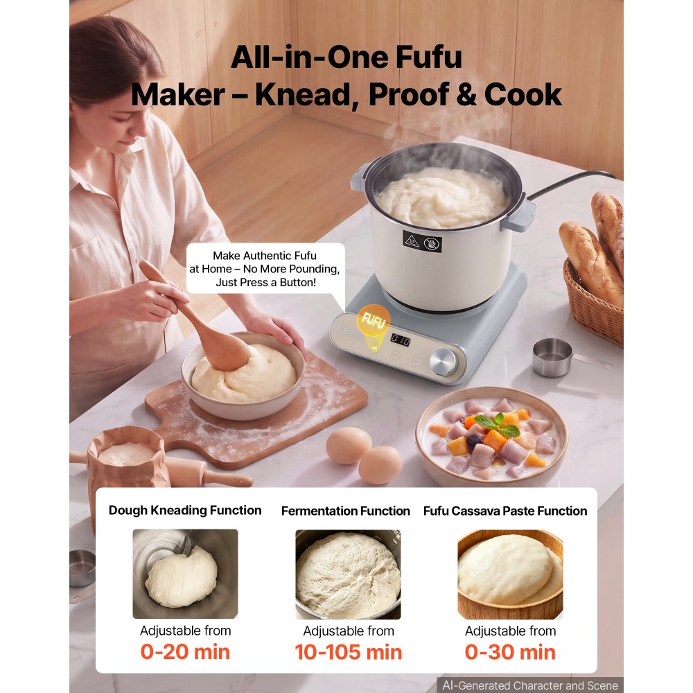 VEVOR Dough Mixer 7.4 Quart Electric Dough Maker with Ferment Function, for Pizza, Pasta, Sourdough and Fufu, Nonstick Aluminum Pot, Timer, Face-up Control Panel, Household Dough Kneading Machine