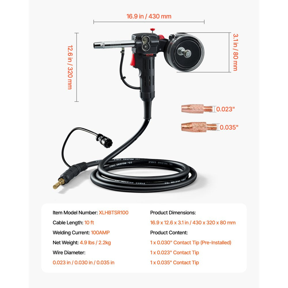 VEVOR 100Amp Spool Gun with 10FT Cable, Compatible with Hobart Handler 210 MVP Mig Welders, Suitable for 0.023", 0.030" and 0.035" Flux Core/Solid/Aluminum Welding Wires