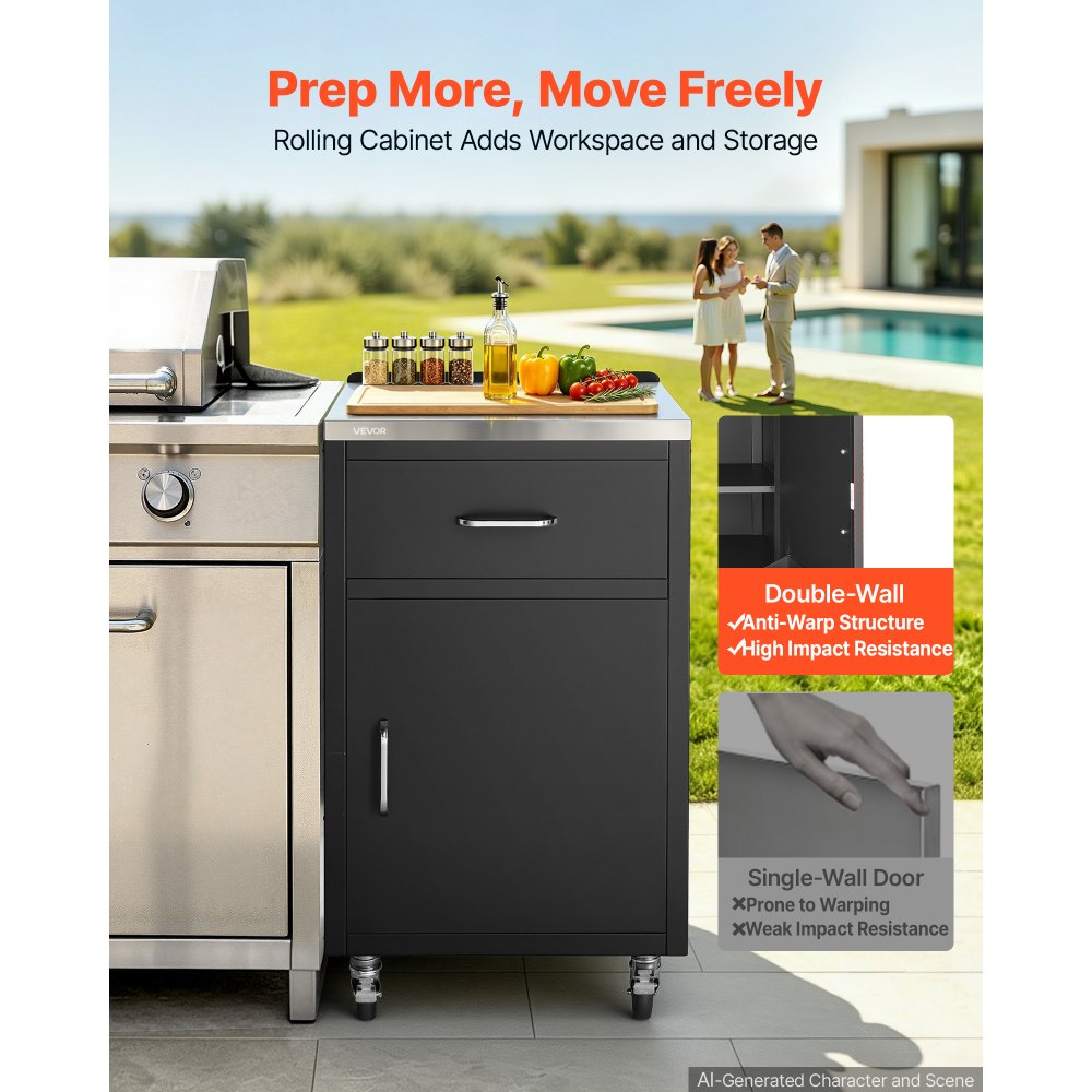 VEVOR Outdoor Prep Cabinet, 20"W x 37"H x 23"D, 304 Stainless Steel Worktop, for BBQ Island Storage, Patio Bars and Grill Station with Handle, Built-In BBQ Island Drawers Organize Cookware Accessories