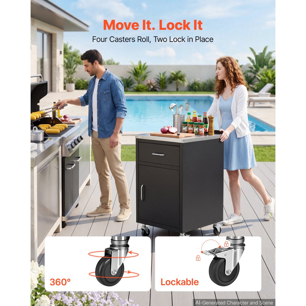 VEVOR Outdoor Prep Cabinet, 20"W x 37"H x 23"D, 304 Stainless Steel Worktop, for BBQ Island Storage, Patio Bars and Grill Station with Handle, Built-In BBQ Island Drawers Organize Cookware Accessories
