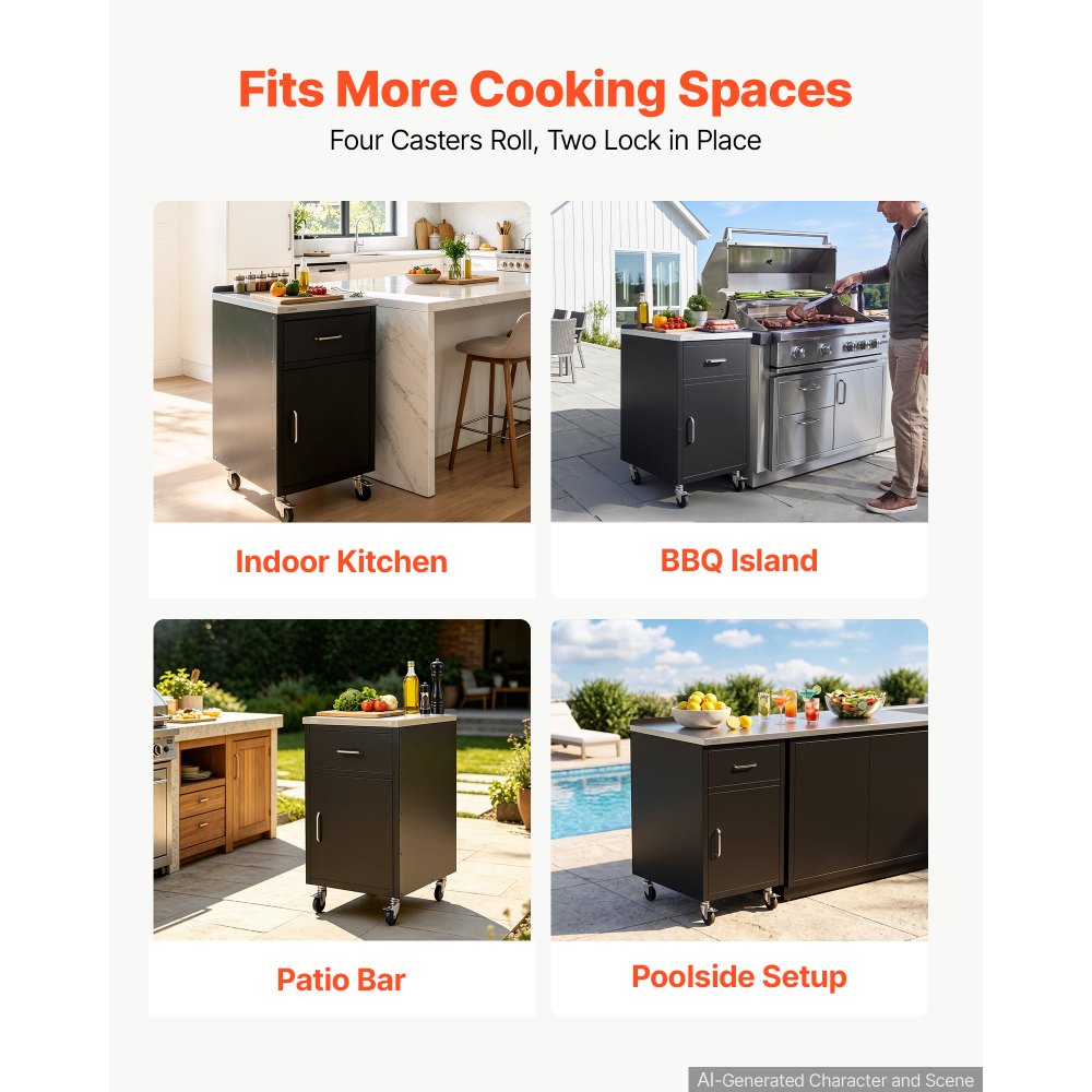 VEVOR Outdoor Prep Cabinet, 20"W x 37"H x 23"D, 304 Stainless Steel Worktop, for BBQ Island Storage, Patio Bars and Grill Station with Handle, Built-In BBQ Island Drawers Organize Cookware Accessories