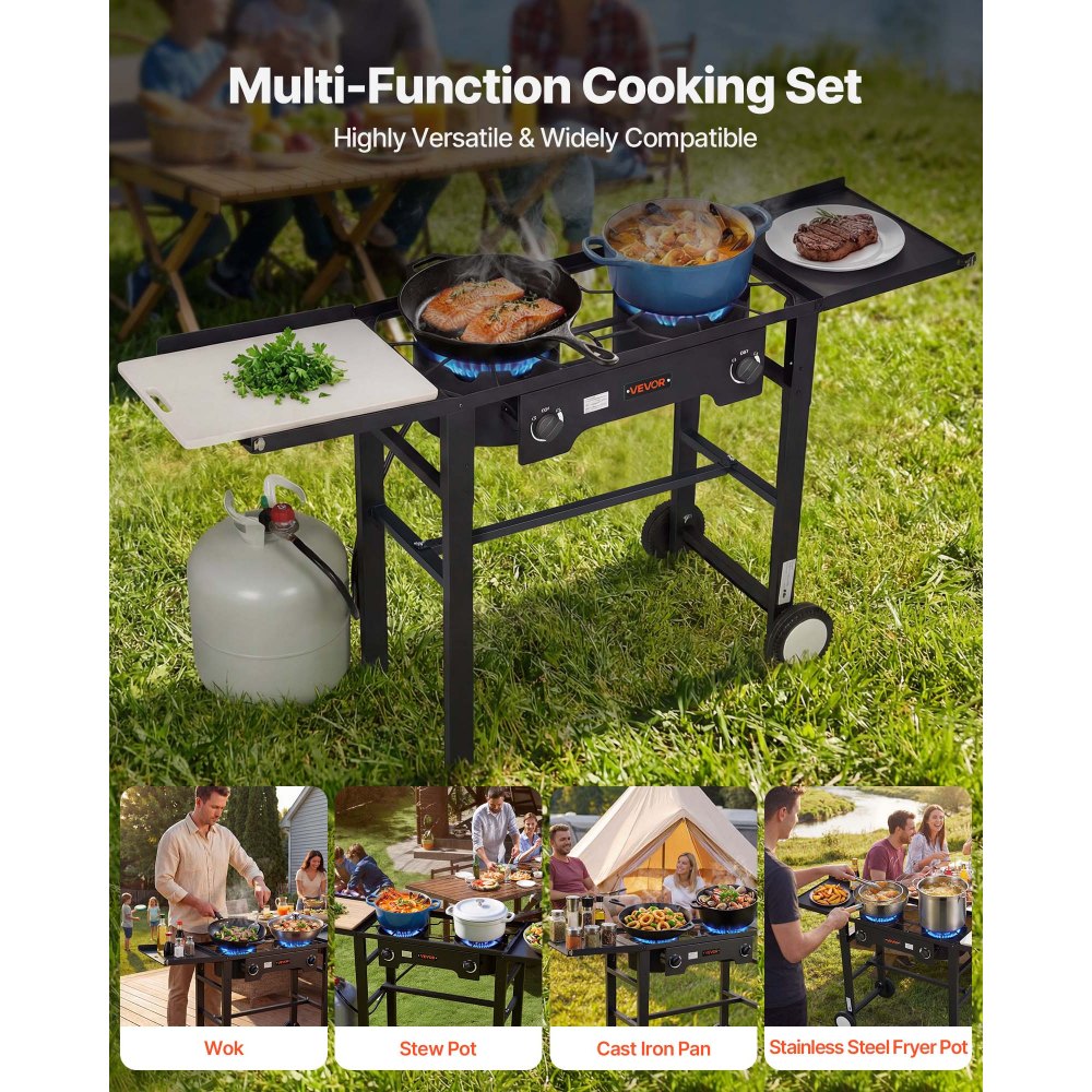 VEVOR 2 Burner Outdoor Propane Gas Stove, 150,000 BTU Propane LPG Gas Camping Stove, Foldable Heavy-duty Carbon Steel Outdoor Cooker, with Wheels & Shield & 20 PSI Regulator, for BBQ Camp Home Patio