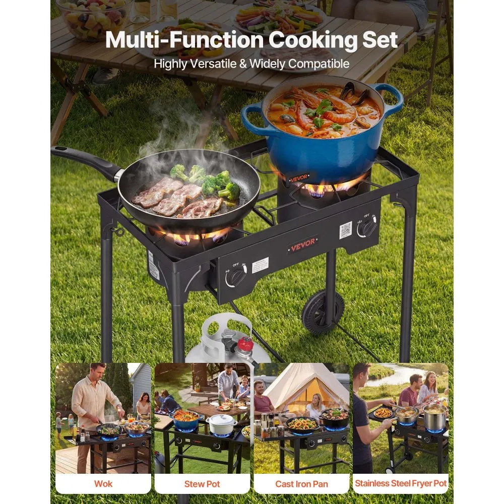 VEVOR 2 Burner Outdoor Propane Gas Stove, 150,000 BTU Propane LPG Gas Camping Stove, Heavy-duty Carbon Steel Outdoor Cooker, with 2 Wheels & 20 PSI Regulator & Hose, for BBQ Camp Home Patio Backyard