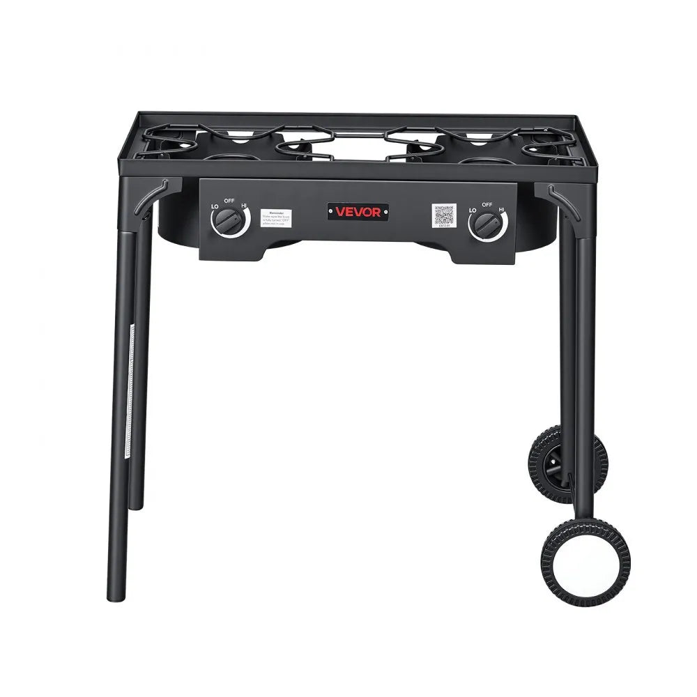 VEVOR 2 Burner Outdoor Propane Gas Stove, 150,000 BTU Propane LPG Gas Camping Stove, Heavy-duty Carbon Steel Outdoor Cooker, with 2 Wheels & 20 PSI Regulator & Hose, for BBQ Camp Home Patio Backyard