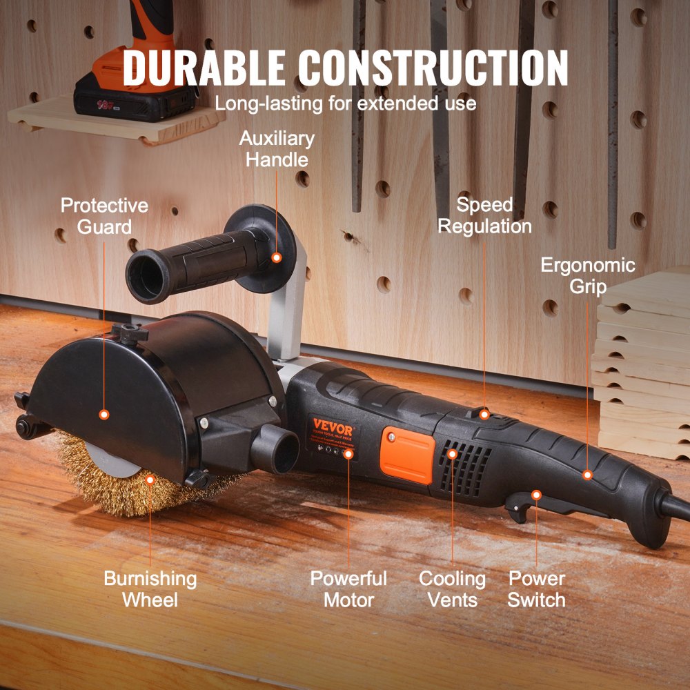 VEVOR Burnishing Polishing Machine, 1300W 6 Variable Speed Surface Conditioning Tool, Handheld Electric Metal Burnishing Machine with Steel Wire Burnishing Wheel for Stainless Steel, Metal