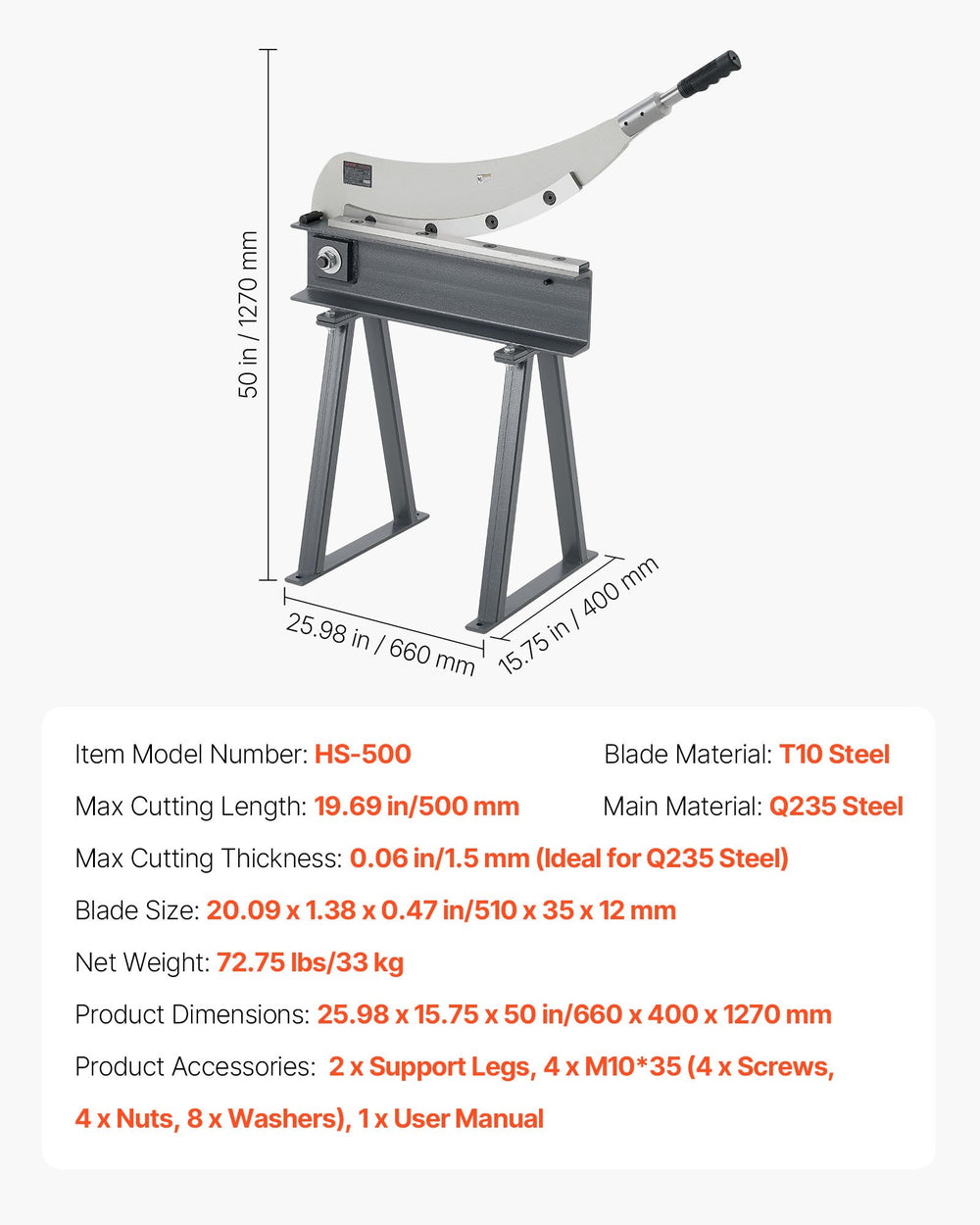 VEVOR HS-500 dimensions and specs graphic - model HS-500, T10 steel blade, Q235 steel frame