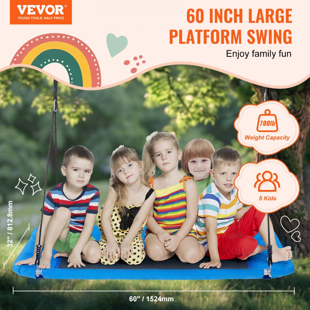 VEVOR Platform Swing, 60 Inch Platform Tree Swing for Kids and Adults, 700lbs Weight Capacity Outdoor Swing, 900D Oxford Fabric Swing Seat with 2 Tree Hanging Straps and Adjustable Multi-Strand Ropes