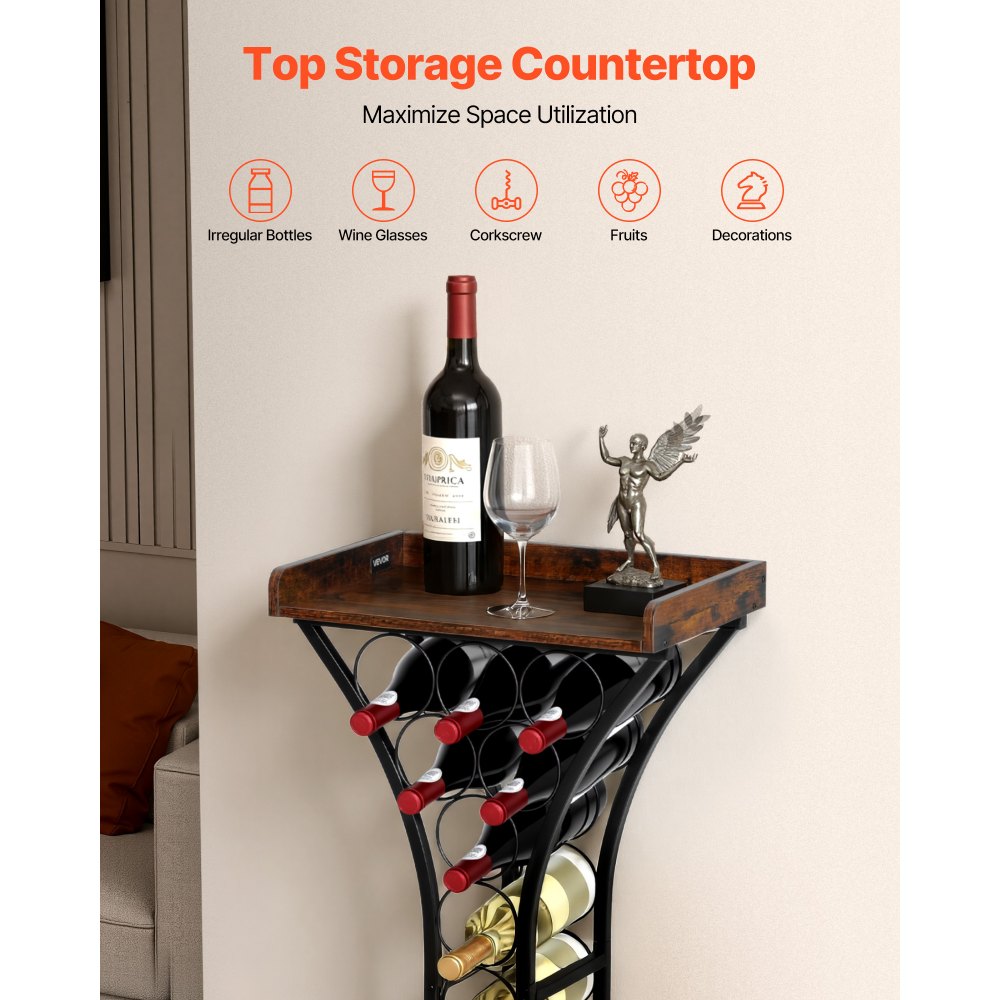 VEVOR 15 Bottle Wine Rack, Freestanding Floor Wine Holder Stand Liquor Cabinet with Wood Tabletop, Easy Assembly Floor Storage Rack, For Home Bar Kitchen Living Room Dining Room, Black