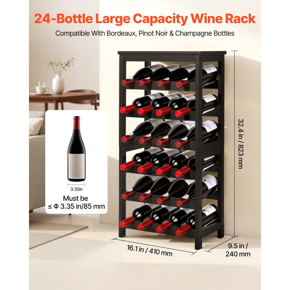 VEVOR 24 Bottle Detachable Wine Rack, 6-Tier Wine Bottle Holder, Freestanding Floor Display Wine Storage Shelves with Table Top, For Kitchen,Cellar,Bar,Dining Room,Living Room, Black